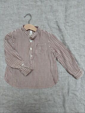 Rylee + Cru Boys 4/5 Cream & Rust Striped Long Sleeve Shirt 100% Cotton